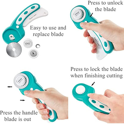 Rotary Cutter Set - Quilting Kit incl. 45mm Fabric Cutter, 5 Extra Rotary Blades, A2 Self Healing Cutting Mat, Acrylic Ruler and Sewing Clips, Scissors, Ideal for Crafting, Sewing, Patchworking