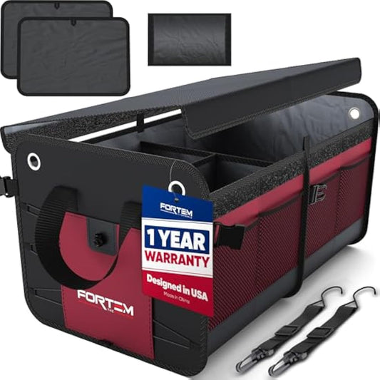 FORTEM Car Boot Organiser, Car Boot Tidy, Car Boot Storage, Collapsible Multi Compartment Car Organiser, Non Slip Bottom, Adjustable Securing Straps, Soft Cover (2 Compartments, Red)