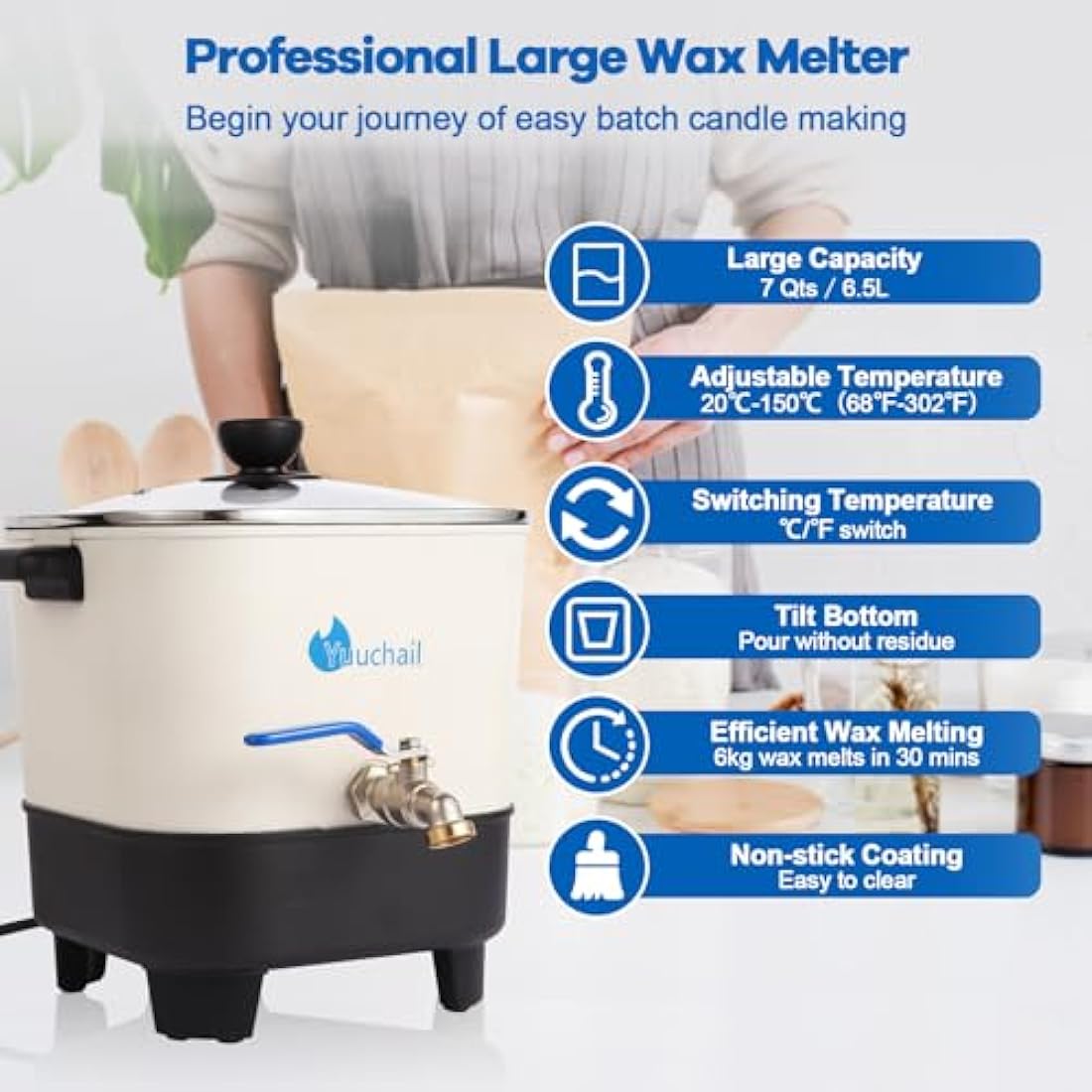 Yuuchail Wax Melter for Candle Making, 6.5L Large Wax Melting Pot with Digital Display & Non-Stick Tilted Bottom Easy Clean Up for Craft or Business
