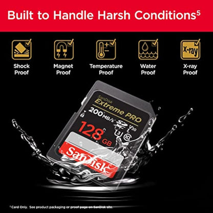 SanDisk 128GB Extreme PRO SDXC card, SD Card, V30 Memory Card, 4K UHD, up to 200 MB/s, SanDisk QuickFlow Technology, RescuePro Deluxe Data Recovery Software, UHS-I, Class 10, U3, V30