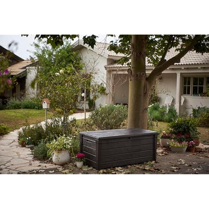 Keter Brightwood 454L Outdoor 60% recycled Garden Furniture Storage Box Brown Wood Panel Effect Fade Free All Weather Resistant Safe and Secure Zero Maintenance 2 year Warranty