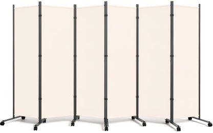 6 Panel Room Divider 183CM Folding Privacy Screens with Lockable Wheels
