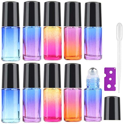 JamHooDirect 10Pcs, 5Ml Essential Oil Roll on Bottles Refillable Rainbow Glass Roller Bottles with Stainless Steel Roller Balls & Black Caps & Bottle Opener, Perfect for Aromatherapy, Fragrance