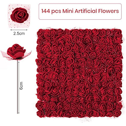 MWOOT Dark Red Roses Artificial Flower Heads, 144Pcs Mini Foam Roses for Crafts, Small Fake Roses Flower for DIY Wedding Halloween Party Festival Valentine's Day Decoration, 2.5CM Faux Flower Heads