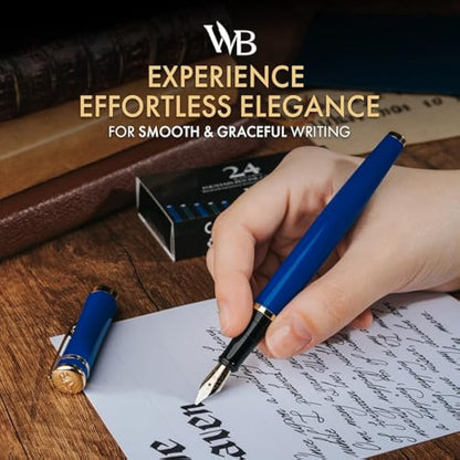 Wordsworth & Black Fountain Pen Set, 18K Gilded Broad Nib, Includes 24 Pack Ink Cartridges, Ink Refill Converter & Gift Box, Gold Finish, Calligraphy, [Imperial Blue], Perfect for Men & Women