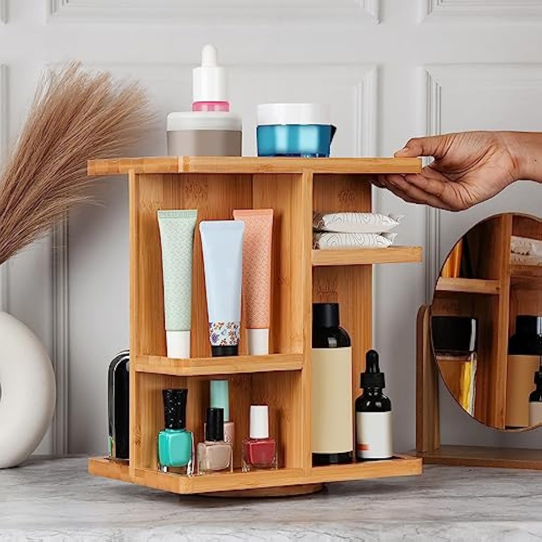 BELLE VOUS 360 Degree Rotating Makeup Organiser - Large Spinning Cosmetic Storage Holder - Bamboo Carousel Vanity Stand for Bathroom/Bedroom Countertop - Lipstick, Makeup Brushes & Cosmetics Box