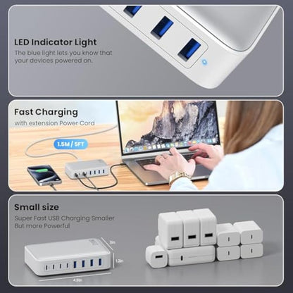 200W USB C Fast Charger Block,Upgraded GaN III 8-Port Charging Station Hub,PD 65W Laptop Charger Power Adapter Compatible with MacBook Pro/Air,Dell XPS, iPhone 16/15/Pro/14,Galaxy S24/S23 etc-White