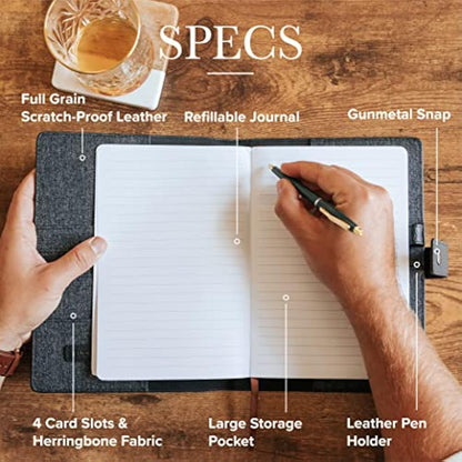 CASE ELEGANCE Black Full Grain Premium Leather Refillable Journal Cover with A5 Lined Notebook - Scratch-Proof DURA-Leather