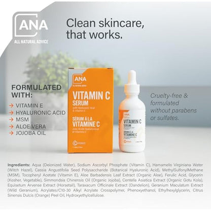 All Natural Advice Vitamin C Serum For Face with Hyaluronic Acid & Vitamin E – Facial Serum - Organic Face Care -Proud Canadian Company (60ml / 2oz)