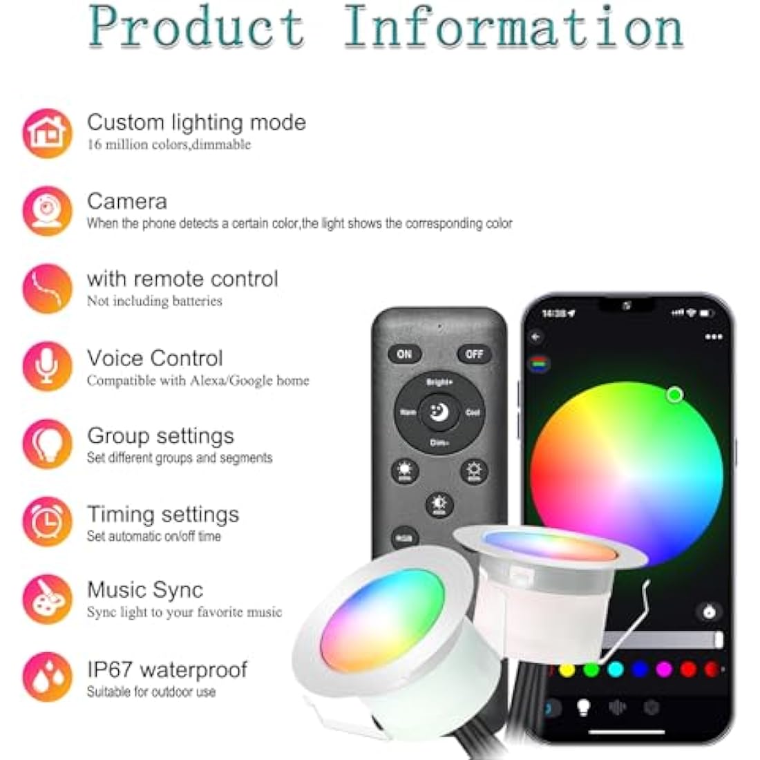 GEYUEYA Home RGB Decking Lights Kit, Ø30MM 12V 0.5W Bluetooth APP Control LED Recessed Deck Lights for Deck Patio Terrace Pathway Decoration - 20 Packs