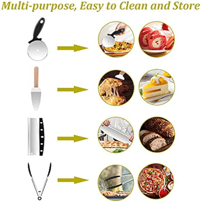 Sinbury Pizza Peel Tools Set, 5 PCS Pizza Making Tool Kit, Including 12 Inch Pizza Paddle, Rocker Cutter, Spatula, Cutter, Food Clip,