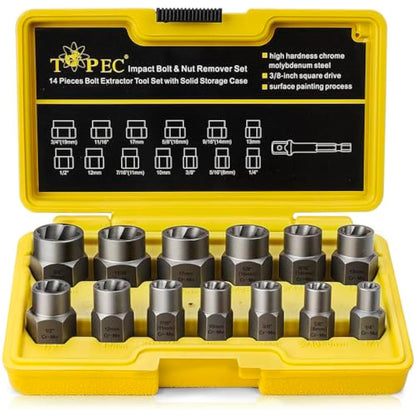 13+1 Piece Impact Bolt & Nut Remover Set - 3/8" Drive with Nut Extractor Socket, Hex Adapter, and Bolt Remover Tool for Damaged, Rusted, or Rounded-Off Bolts, Nuts, and Screws
