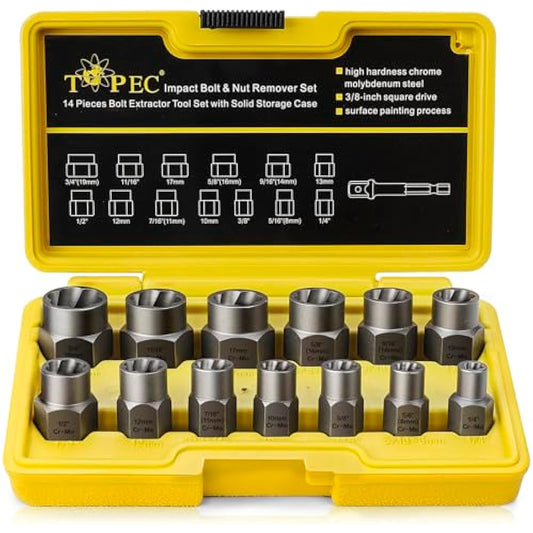 13+1 Piece Impact Bolt & Nut Remover Set - 3/8" Drive with Nut Extractor Socket, Hex Adapter, and Bolt Remover Tool for Damaged, Rusted, or Rounded-Off Bolts, Nuts, and Screws
