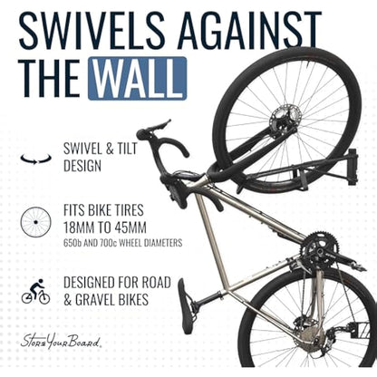StoreYourBoard SwivelStow Road & Gravel Bike Storage 2 Pack – Heavy Duty Bike Hanger, No-Lift Bike Wall Mount for Garage Bike Storage, Holds 70 lbs, Patent-Pending