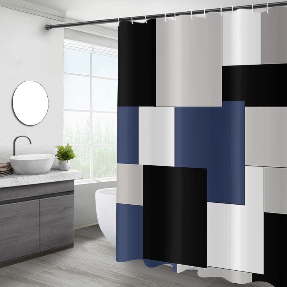 GCIREC Shower Curtain, 180x200cm, Blue Black Grey Modern Minimalist Geometric Square Checkered Waterproof Fabric Machine Washable Bathroom Curtain