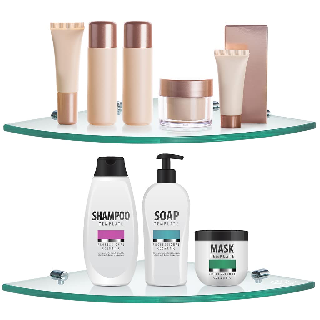 Skelang 2Pcs Glass Bathroom Shelf Wall Mounted 292?292mm, Shower Caddy with 8 Brackets, 8mm Thick Tempered Glass Corner Shelf for Cloakroom, Kitchen,