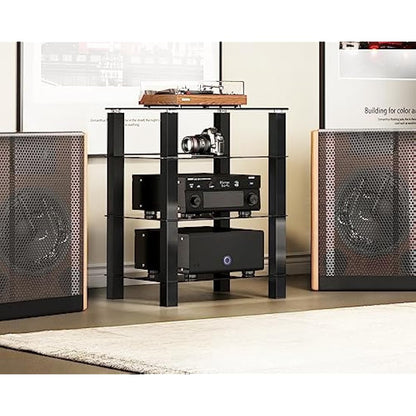 FITUEYES HiFi Rack AV Shelf 4-Tiers Glass TV Stand with Tempered Glass Media Storage Shelves Black