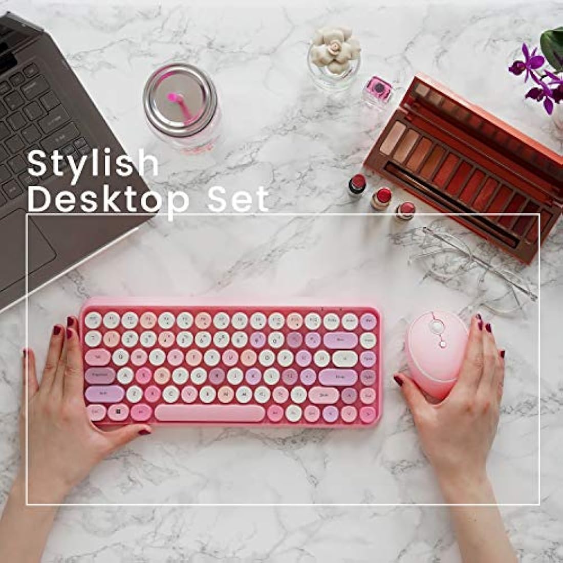 Perixx PERIDUO-713 Wireless 2.4 GHz Cute Keyboard and Mouse Combo, Retro Round Key Caps, UK Layout, Pastel Pink