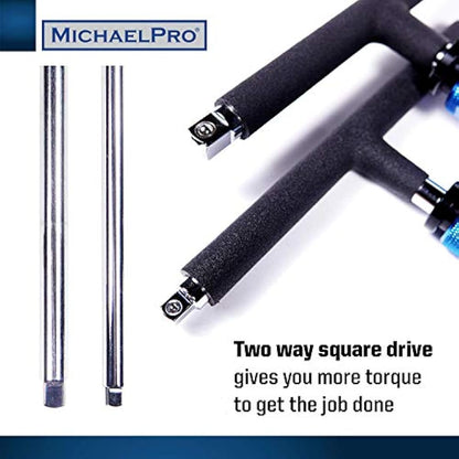 MichaelPro T Bar Wrench Set 1/4" & 3/8" Drive 2 Way Speed Adjustable T Handle Spanner Set, Patented Design with Spinner Handle, 3 Level Grip Positions, Socket Spanner MP009015