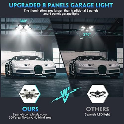 DEEIRAO LED Garage Ceiling Light, 260W 26000LM 6500K Deformable with 8+1 Adjustable Panels Commercia Bay Lamp for E26/E27 Screw Socket,Basement,Barn,Workshop,Attic (2 Packs)