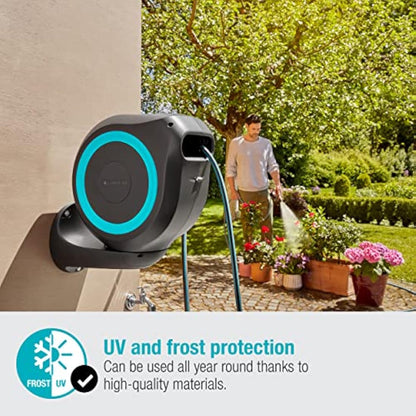 Gardena Wall-Mounted Hose Box Rollup M 20 m: Flexible Watering for Medium-Sized Gardens, Swivel Hose Reel, with Wall Bracket, System Parts and Nozzle, Including 20 m Gardena Hose (18610-20)