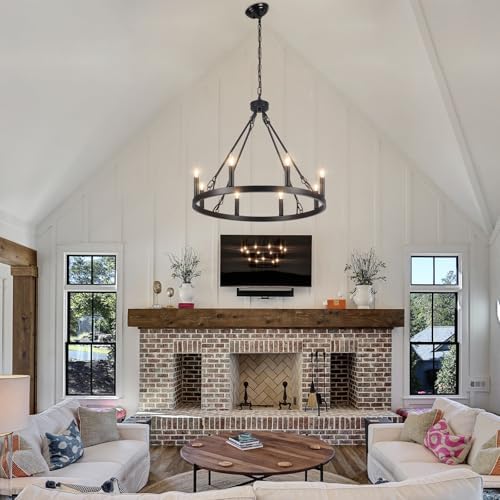 ASHUAQI Wagon Wheel Chandelier, 8-Light Black Chandelier Ceiling Lights Living Room, Rustic Modern Farmhouse Chandeliers Ceiling Light for Dining Room, Kitchen, Hallway, Bedroom, Hall