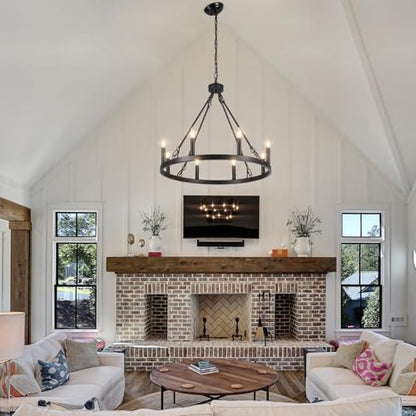 ASHUAQI Wagon Wheel Chandelier, 8-Light Black Chandelier Ceiling Lights Living Room, Rustic Modern Farmhouse Chandeliers Ceiling Light for Dining Room, Kitchen, Hallway, Bedroom, Hall