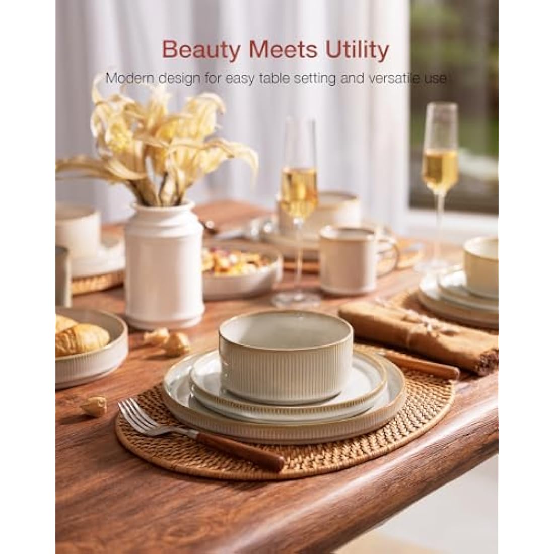 Richmount Star Plates and Bowls Set, 12 Pieces Dinner Set for 4, Stoneware Dinnerware Sets with Dinner Plates/Salad Plate/Cereal Bowls, Dishwasher & Microwave Safe, Cappuccino White