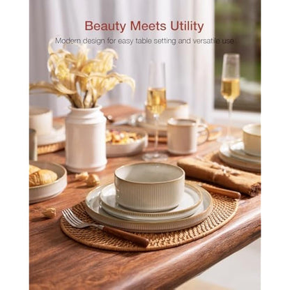 Richmount Star Plates and Bowls Set, 12 Pieces Dinner Set for 4, Stoneware Dinnerware Sets with Dinner Plates/Salad Plate/Cereal Bowls, Dishwasher & Microwave Safe, Cappuccino White