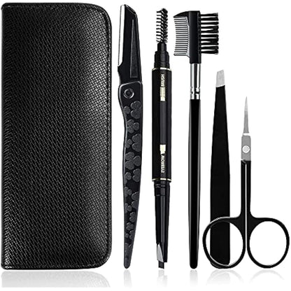Gibot Stainless Steel Eyebrow Grooming Kit - 5pcs Set with Tweezers, Scissors, Brush Comb, Pencil, Razor and Travel Case for Women and Men, Black