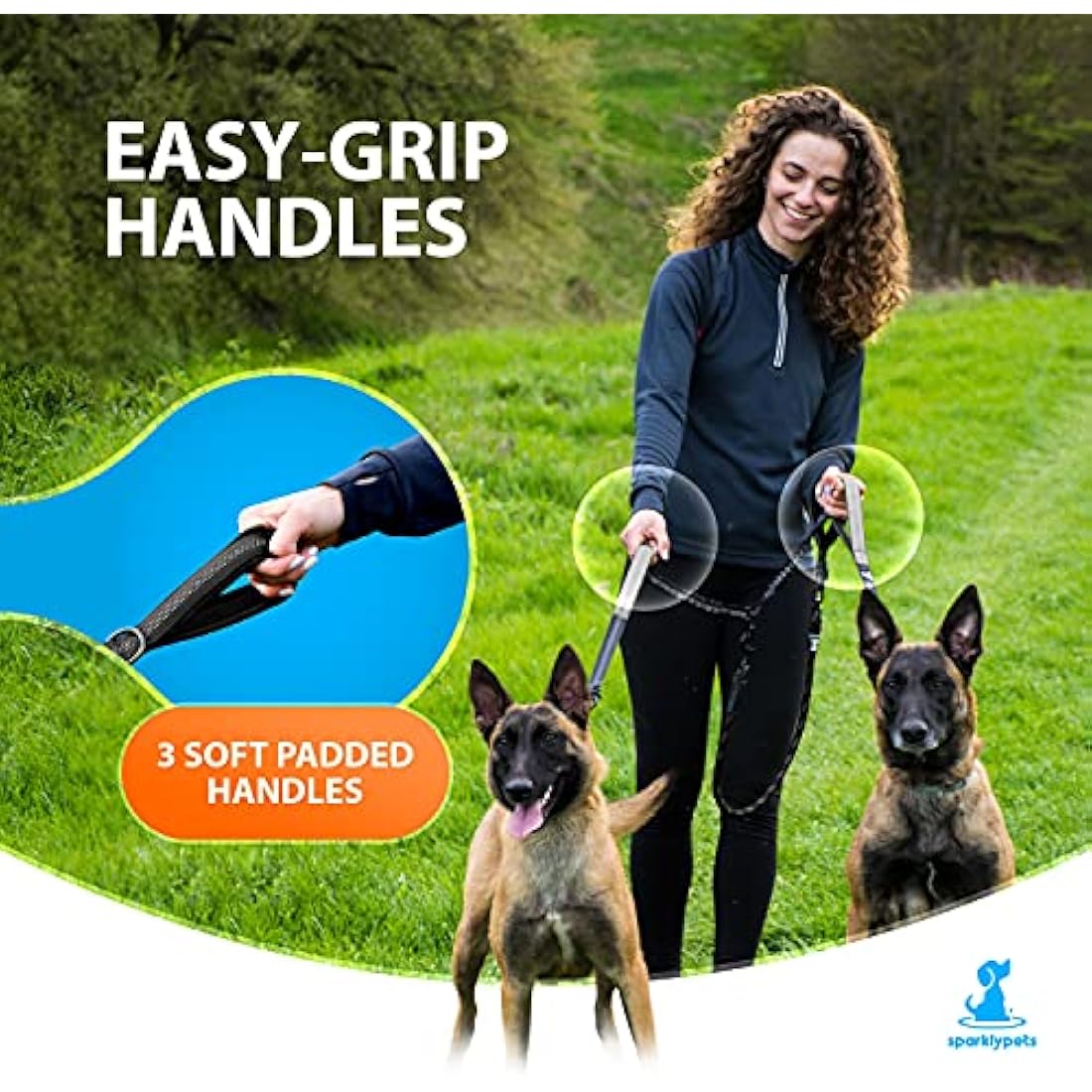 SparklyPets Double Dog Leash for 2 Dogs – Rope Bungee Dual Leash for Medium and Large Breeds with Padded Handles & Tangle Free (Black, Medium/Large)