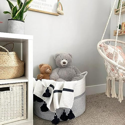 XXXL Extra Large Laundry Basket Cotton Rope Woven Basket Throw Blanket Storage Baskets Living Room with Handle for Clothes Towels Toys Living Room Bedroom Decorative Hamper, 55x35cm, Grey