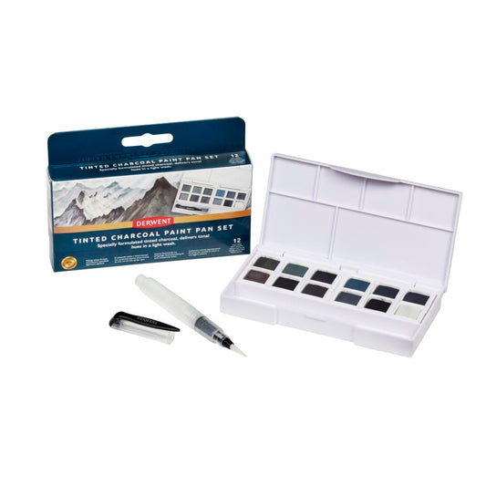 Derwent Tinted Charcoal Paint Pan Set, Set of 12, Half Pan Size, Water-Soluble, Ideal for Painting Landscapes, Professional Quality, Travel Size,
