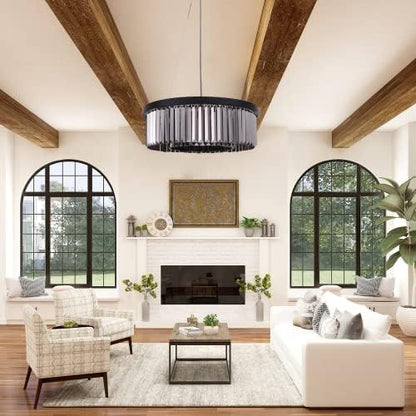 Wellmet Black-Crystal Chandelier for Foyer Dining Room, 6 Lights Modern Crystal Pendant Light, Vintage Ceiling Lighting Fixture for Kitchen Island, Living Room, Bedroom, Hallway, W-21.65”