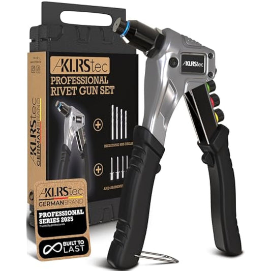 KLRStec® Professional Rivet Gun Kit incl. 120 Pop Rivets and 4 HSS Drills - High Quality Pop Rivet Tool Kit for Processing Pop Rivets