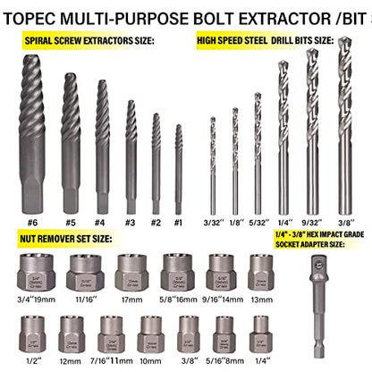 Topec Broken Bolt Extractor Set, 26Pcs Stripped Screw Extractor Kit with Drill Bits, Easy Out Tool Socket Set for Removing Damaged, Rounded, Rusted Nuts & Screws