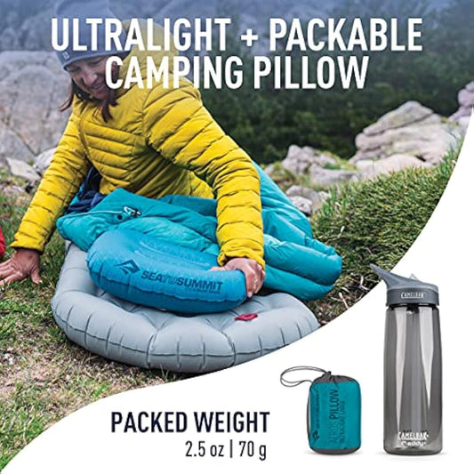 Sea to Summit - Aeros Ultralight Pillow L - Lightest Curved Inflatable Travel Pillow - Stretch-Knit 20D Polyester - Lock System - For Ultralight Backpacking - 44 x 32 x 14cm - Aqua Blue - 70g
