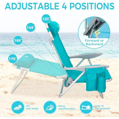 #WEJOY 4-Position Folding Beach Chair - Lightweight Aluminum Camping Chair for Adults, High Back Recliner with Pillow & Storage Pocket, Portable