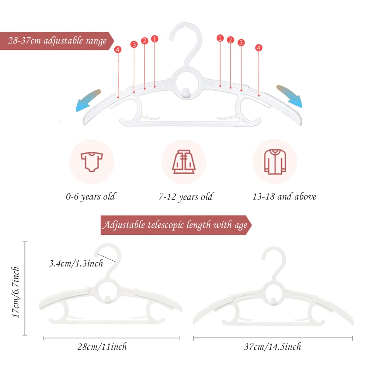 GencuoGencuoirir20 Pieces of White Retractable Non-Slip Adjustable Multifunctional Children's Hanger，Baby Hangers, for Newborn Clothes