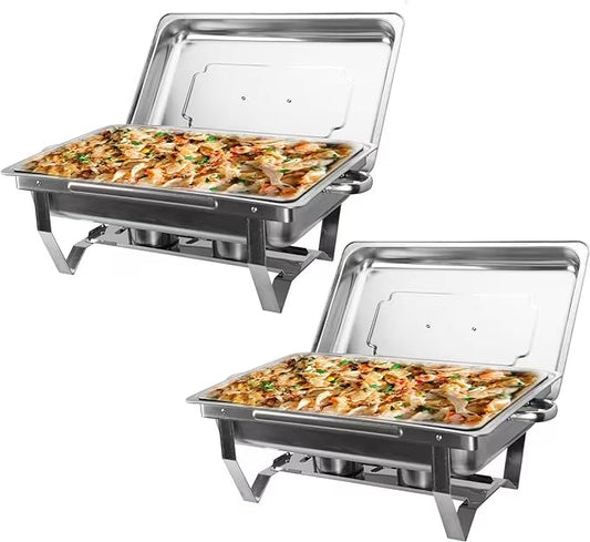 WILPREP Chafing Dish Buffet Set of 2, Rectangle Stainless Steel Food Warmer Kit with Lids Food Pans Bain Maries and Fuel Holders, 9L Buffet Serving