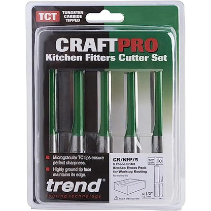 Trend CraftPro Kitchen Fitter Worktop Router Cutter Bit, 1/2 Inch Shank, 12.7mm Cut Diameter & 50mm Cut Length, Pack of 5, Tungsten Carbide Tipped, CR/KFP/5