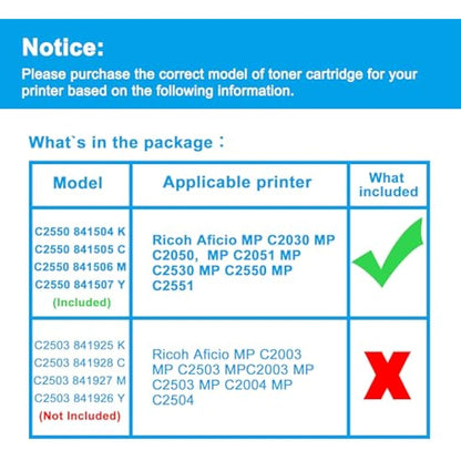 LCL Compatible Toner Cartridge 841504 841505 841506 841507 MP C2030 C2050 C2051 C2530 C2550 C2551 (1Black 1Cyan 1Magenta 1Yellow) Replacement for Ricoh Aficio MP C2030 MP C2050 MP C2051 MP C2530