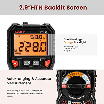 KAIWEETS HT118A Digital Multimeter Professional, T-RMS Autoranging Multitester 6000 Counts Measures AC/DC Current, Voltage, Continuity, Capacitance, NCV, Resistance, Duty, Diodes, Live, LED Jacks