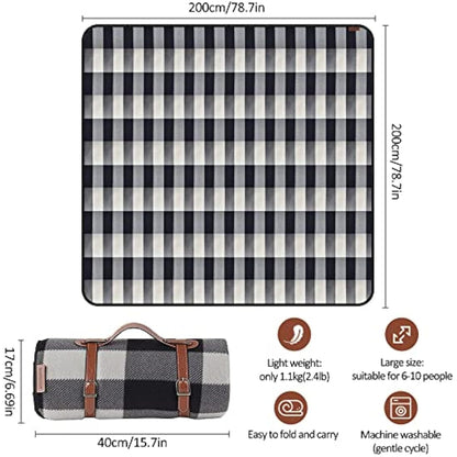 ACTIVE FOREVER Picnic Blanket Portable, 200x200CM Extra Large Waterproof Picnic Mats with Carrying Handle, Outdoor Multipurpose Rugs for Camping, Travel, Park, Beach, Garden, Black Gray Plaid