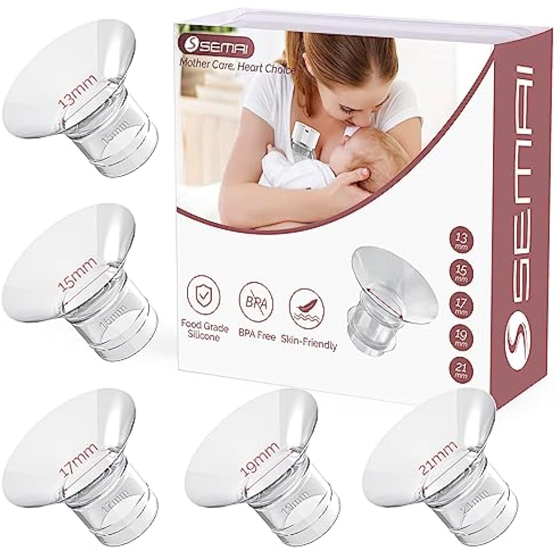 semai Flange Inserts 13/15/17/19/21mm Compatible with Medela/Momcozy S12 Pro/S9 Pro/S12/S9/Spectra/Elvie 24mm Breast Pump Flanges, Reduce 24mm Nipple Tunnel Down to Correct Size, 5PCS (NOT 5 Pairs)