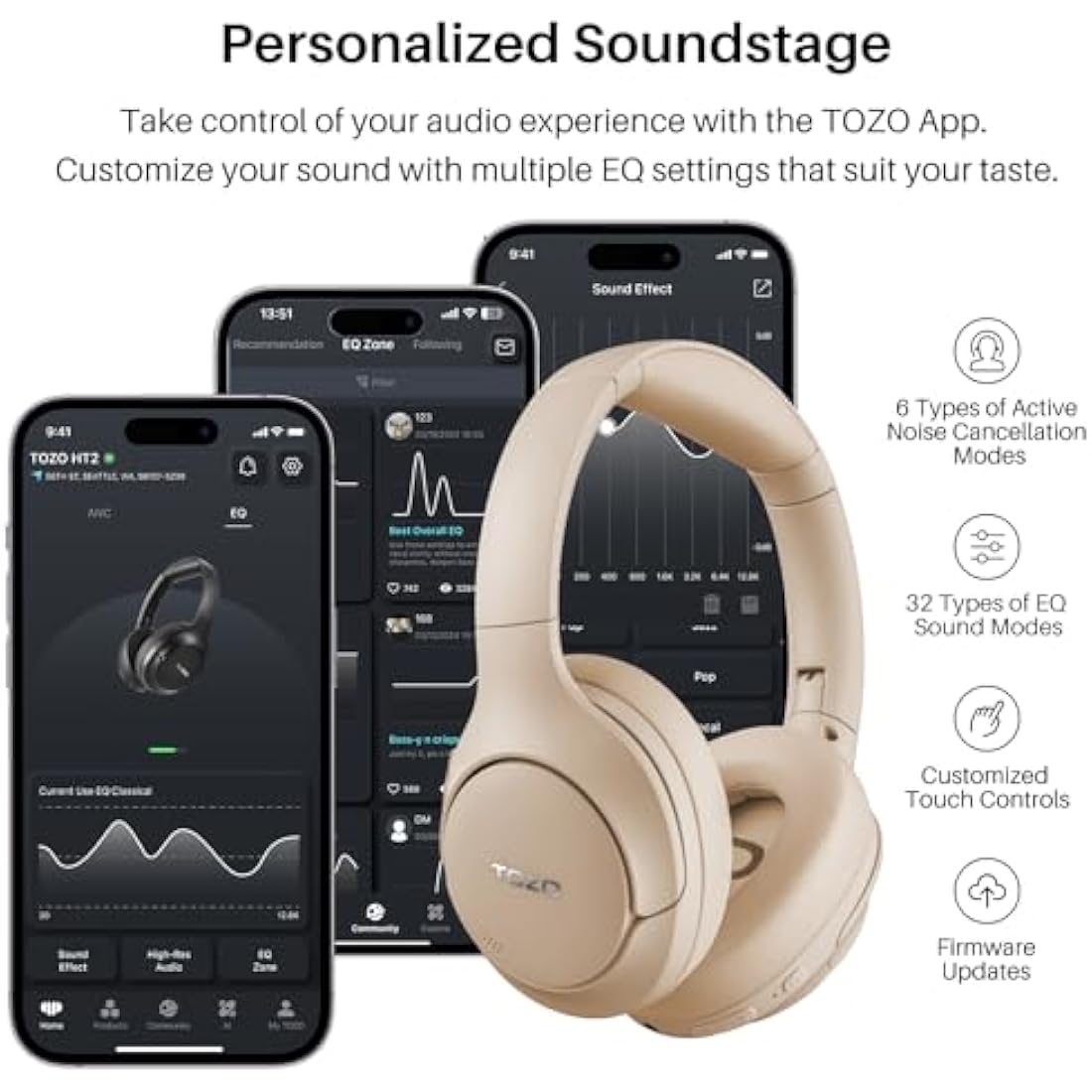 TOZO HT2 Hybrid Active Noise Cancelling Wireless Headphones, 60H Playtime Lossless Audio Over Ear Bluetooth Headphones, Hi-Res Audio Deep Bass Foldable Lightweight Headset for Workout