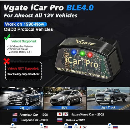 Vgate iCar Pro Bluetooth 4.0 OBD2 Code Reader OBDII Fault Diagnostic Tool Compatible Car Adapter Check Engine Light for iOS, iPhone, Android and Windows