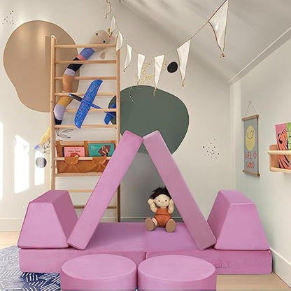 MeMoreCool Kids Play Sofa Bed, Modular Toddler Armchair Couch Chair for Bedroom Playroom, 8-Piece Fold Out Couch Play Set, Creative Baby Couch Children Convertible Sofa, Pink