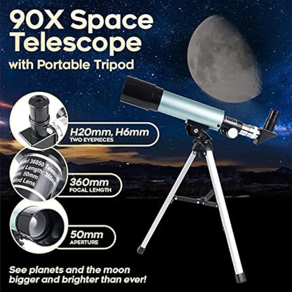 Mijiao Telescope for Kids, Astronomical Telescope Zoom 90X HD Outdoor Monocular Space Telescopes Portable Refractor Spotting Scope With Tripod, Telescope for Adults, Kids and Beginner