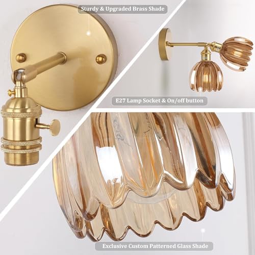 Shenmoyl Vintage Wall Lights Set of 2 Wall Lamps Indoor Gold Wall Sconces 180 Degree Adjustable with Switch for Living Room Bedroom Bedside Bathroom Tulip Amber